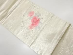 扇に花模様　刺繍　名古屋帯